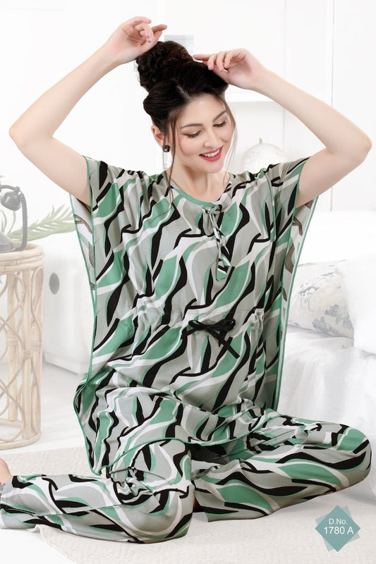 Multicolor Green, Black, White And Grey Rayon Kaftan Nightsuit Set A476