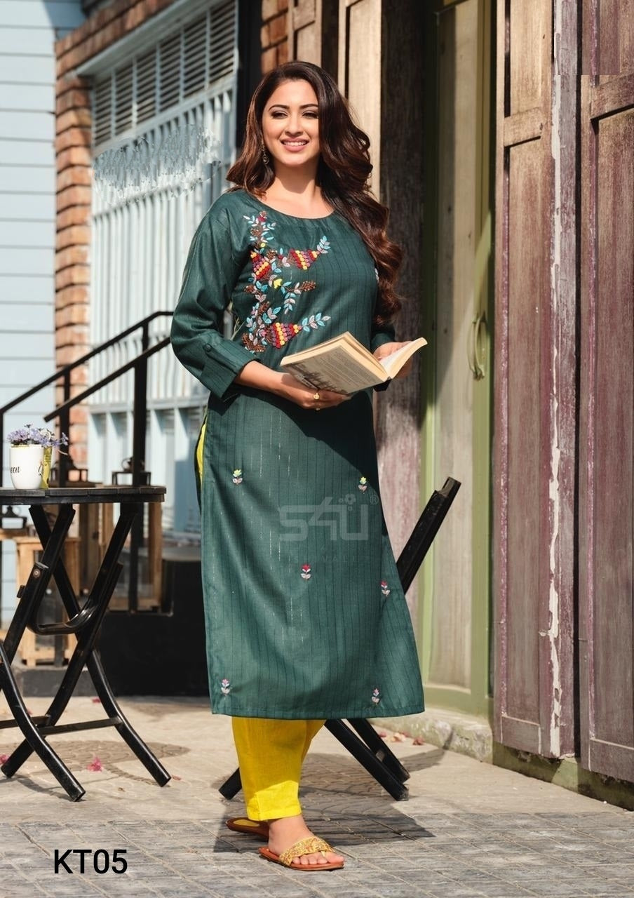 Bottle Green Handwork Rayon Straigh Fit Kurti