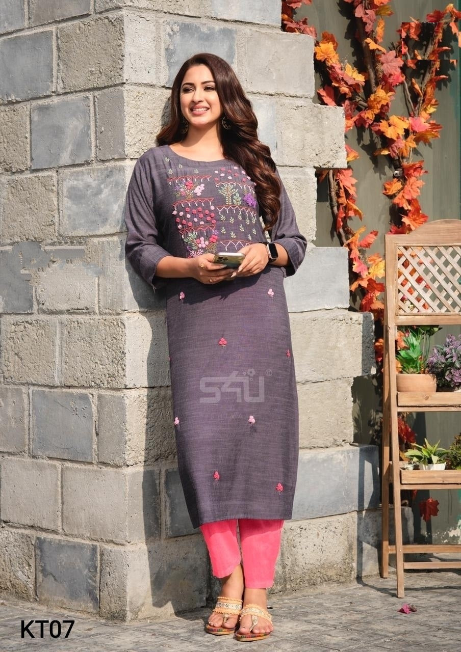 Grey Handwork Rayon Straigh Fit Kurti