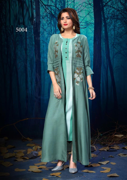 Green Cotton Kurti With Embroidery Work Full Shrug