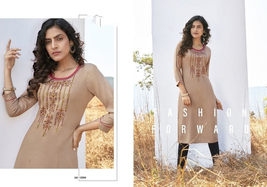 Beige Embroidery Work Rayon Straigh Fit Kurti