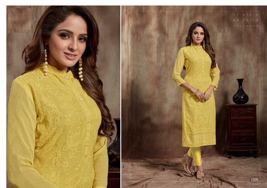 Yellow Lucknowi Georgette Embroidery and HandWork Straight Kurti