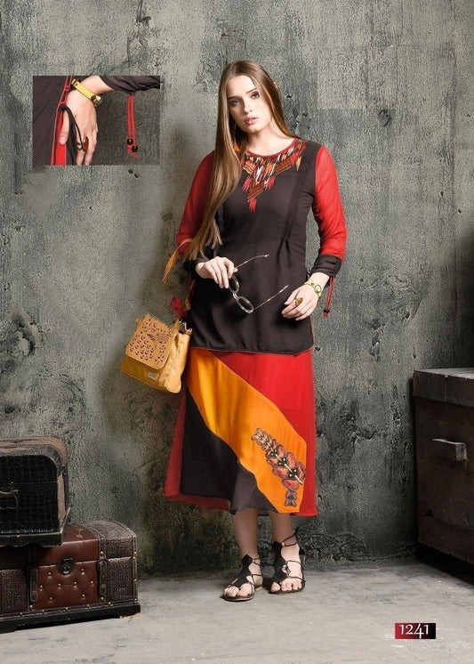 Black and Multicolor Embroidery Work Straight Fit Georgette Kurti