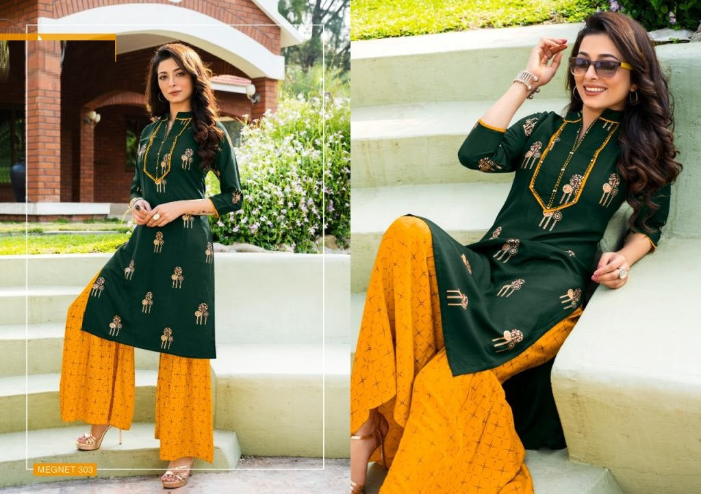 Bottle Green Printed Rayon Kurti and Orange Printed Sharara