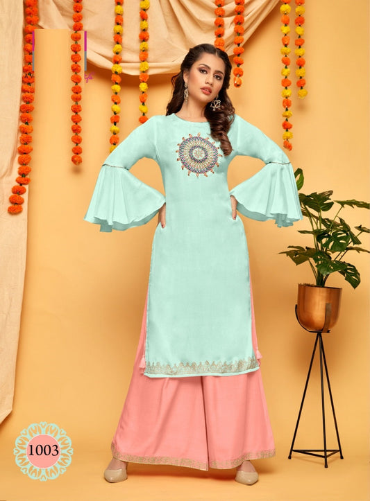 Sky Blue Embroidery Work Straight Fit Crepe Kurti