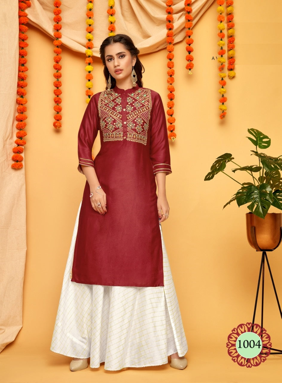 Maroon Embroidery Work Straight Fit Crepe Kurti