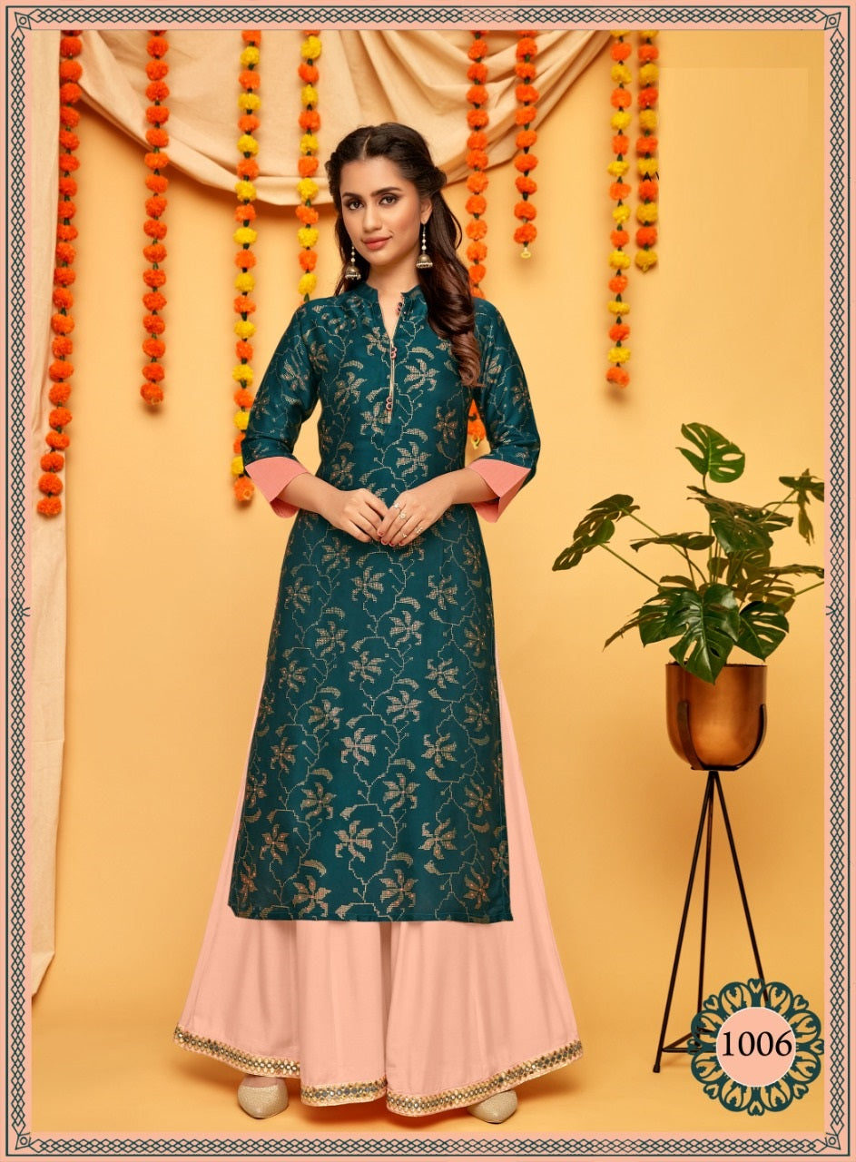 Bottle Green Printed Straight Fit Crepe Kurti