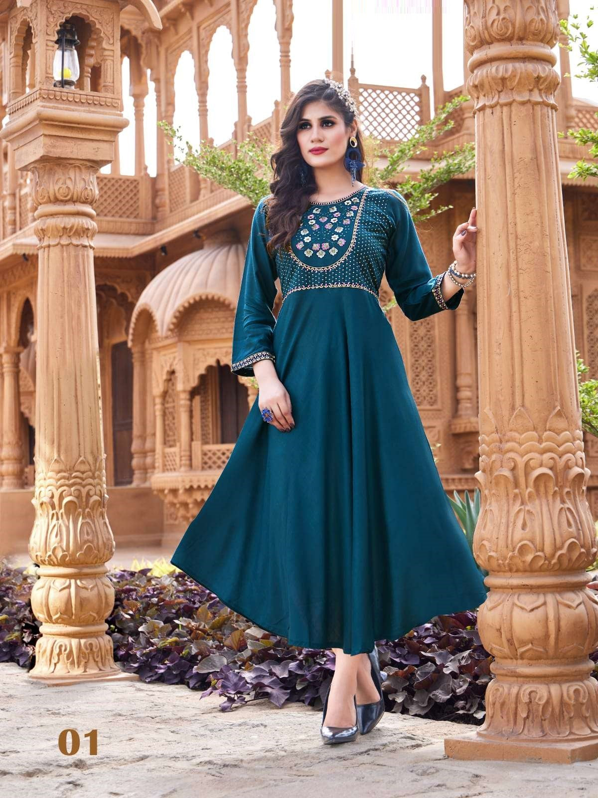 Heavy Rayon Blue and Pnik Embroidery and Sequence Manual work Long Gowns A625