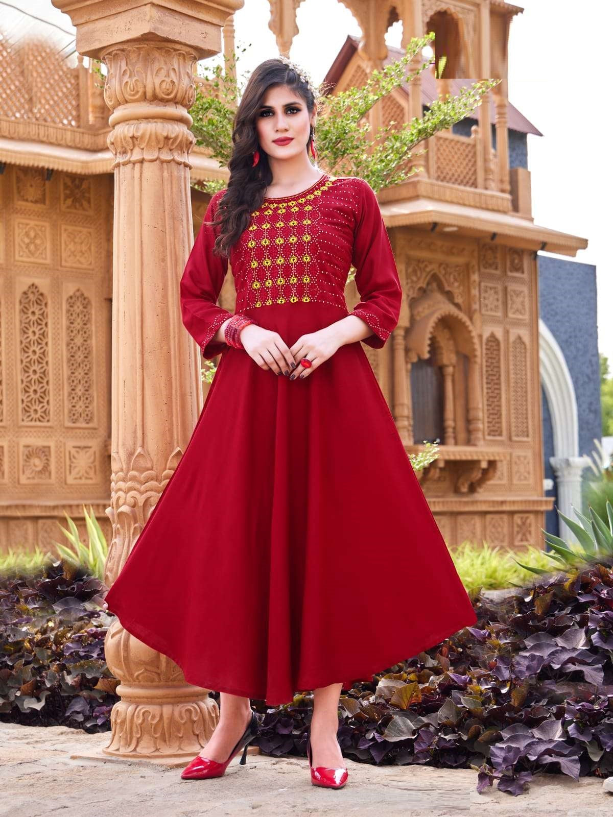 Heavy Rayon Red and Yellow Embroidery and Sequence Manual work Long Gowns A626
