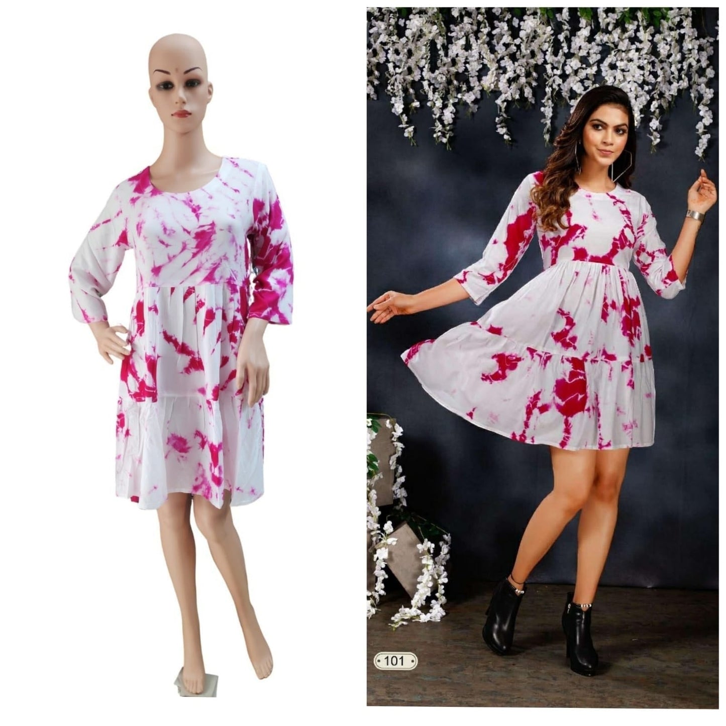 White and Pink Heavy Rayon Siburi Printed Frock Style Short Top A642