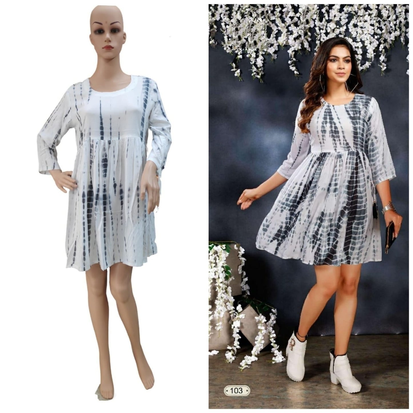 White and Grey Heavy Rayon Siburi Printed Frock Style Short Top A643