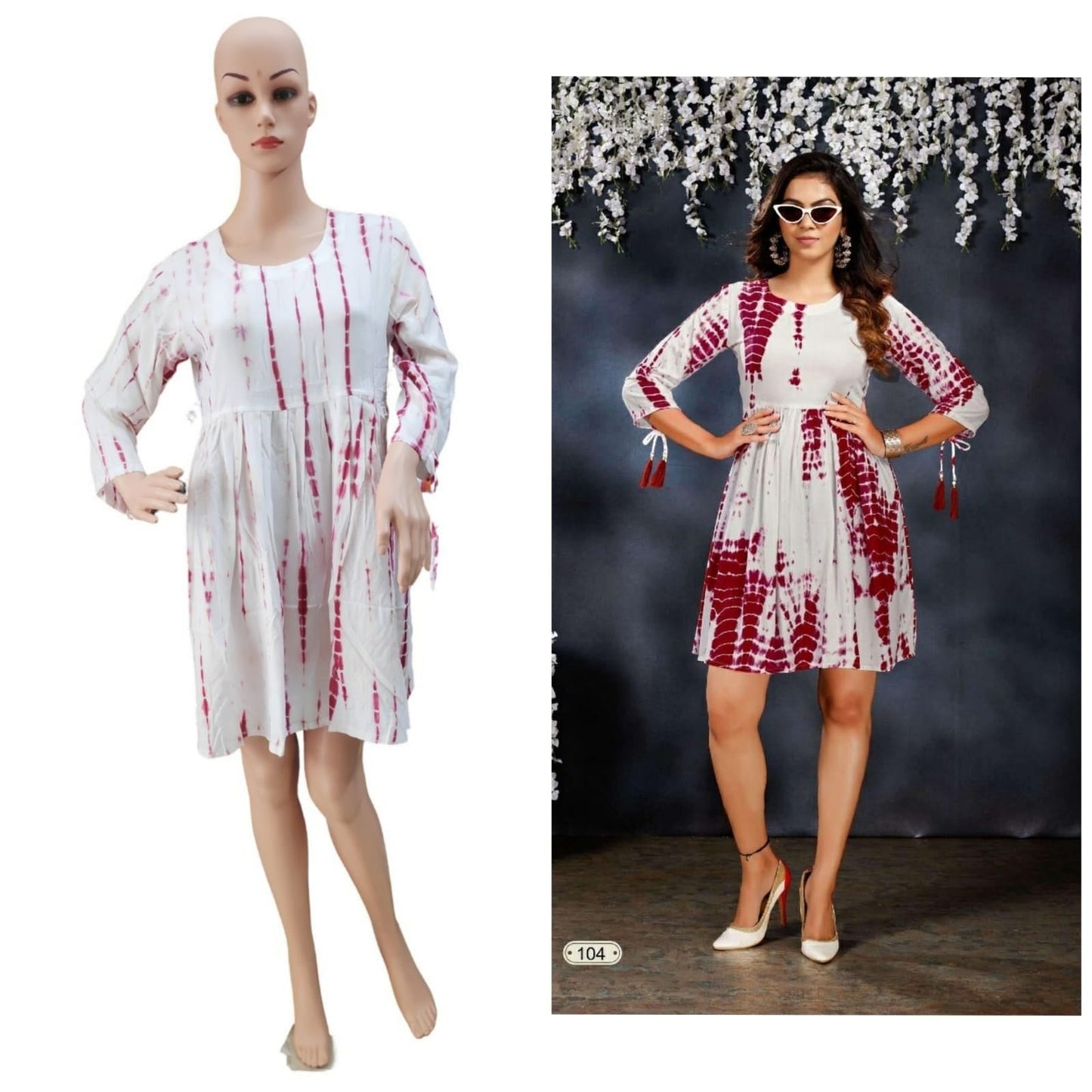 White and Maroon Heavy Rayon Siburi Printed Frock Style Short Top A644