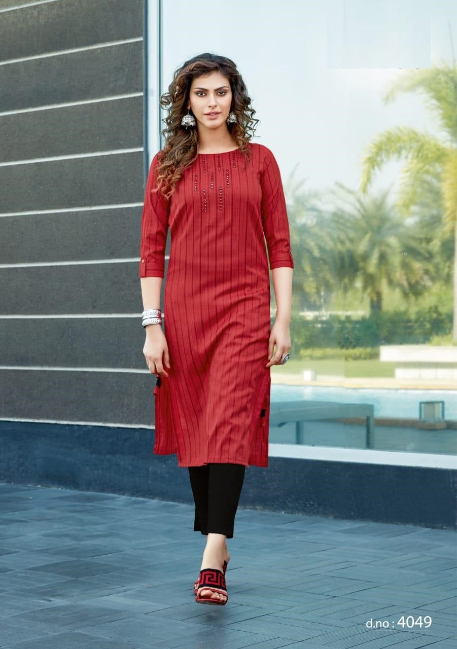 Orange Embroidery Work Rayon Kurti with Brown Stripe Printed Pant