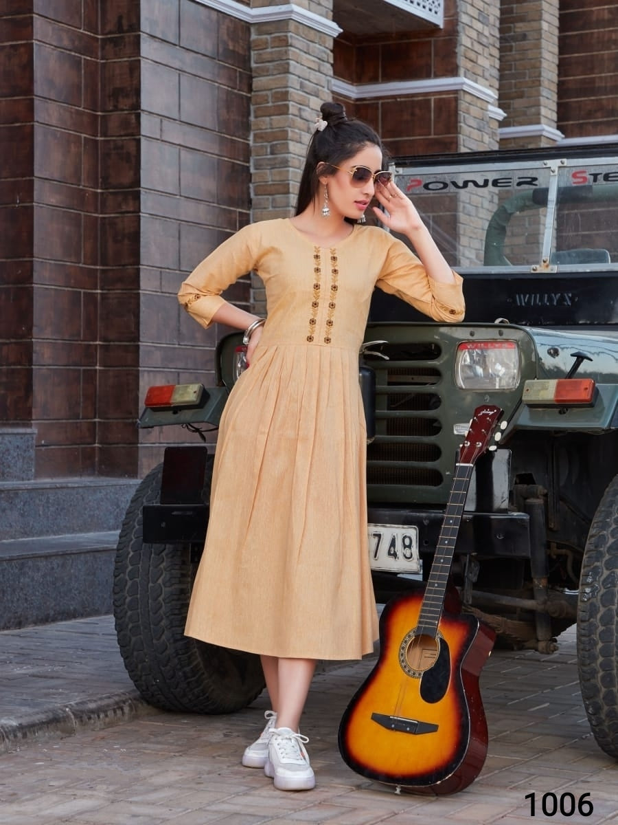 Orange Two Tone Cotton Flex Embroidery work Frock Style Kurti
