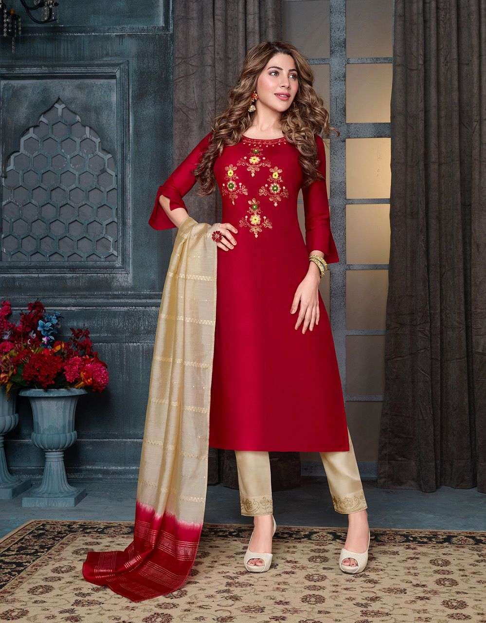 Red Handwork Silk Kurti with Off White Silk Pant and Double Shaded Printed Dupatta A683
