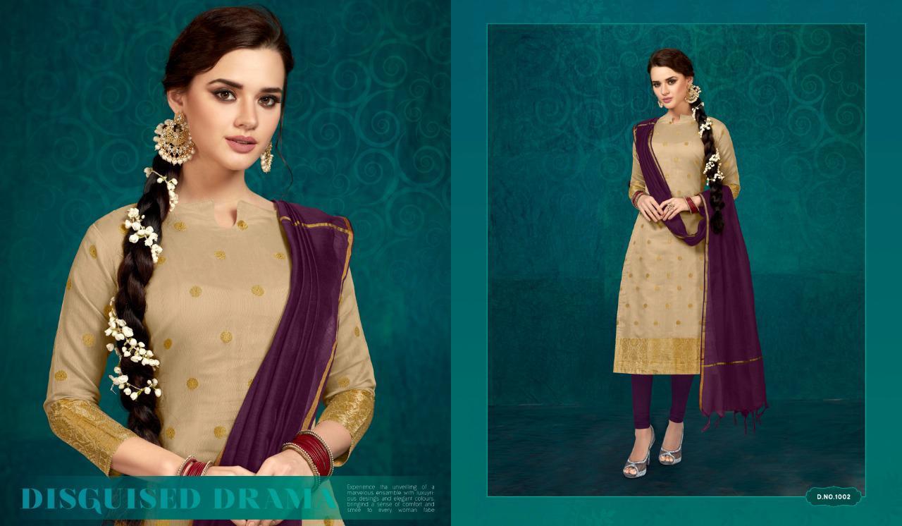 Beige Straight Fit Banarasi Jacquard Kurti with Fancy Purple Chanderi Dupatta