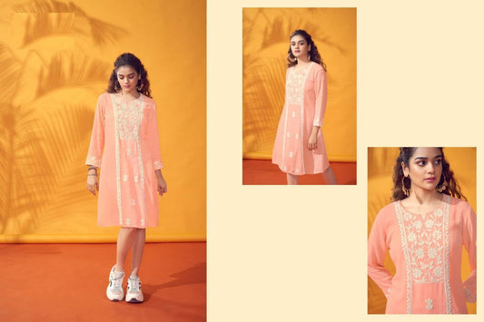 Neon Peach Rayon wrinkle Lucknowi short kurti tunics with embroidery work A697