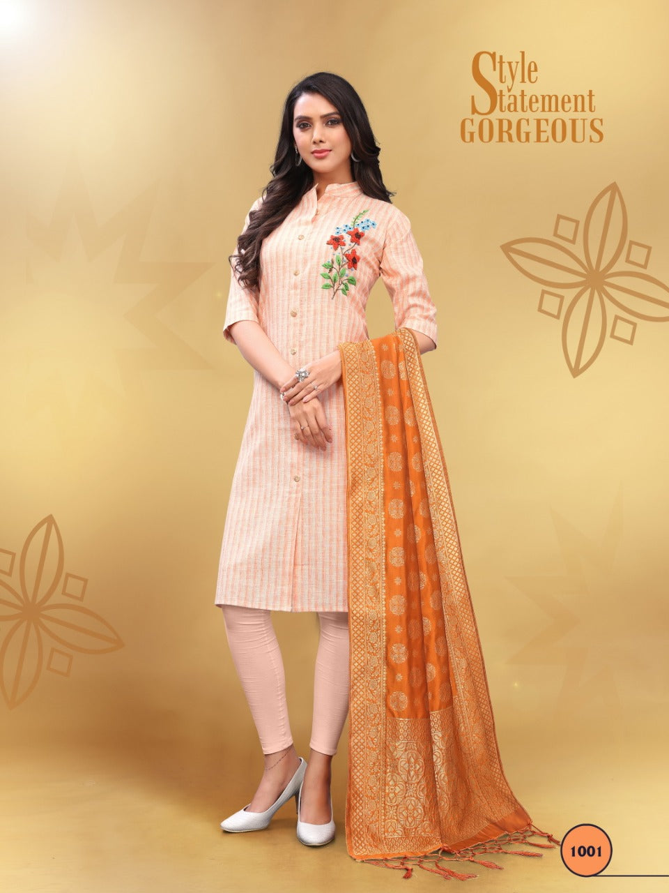 Orange and Beige Handwork Straight Fit South Cotton Kurti with Orange Banarasi Dupatta