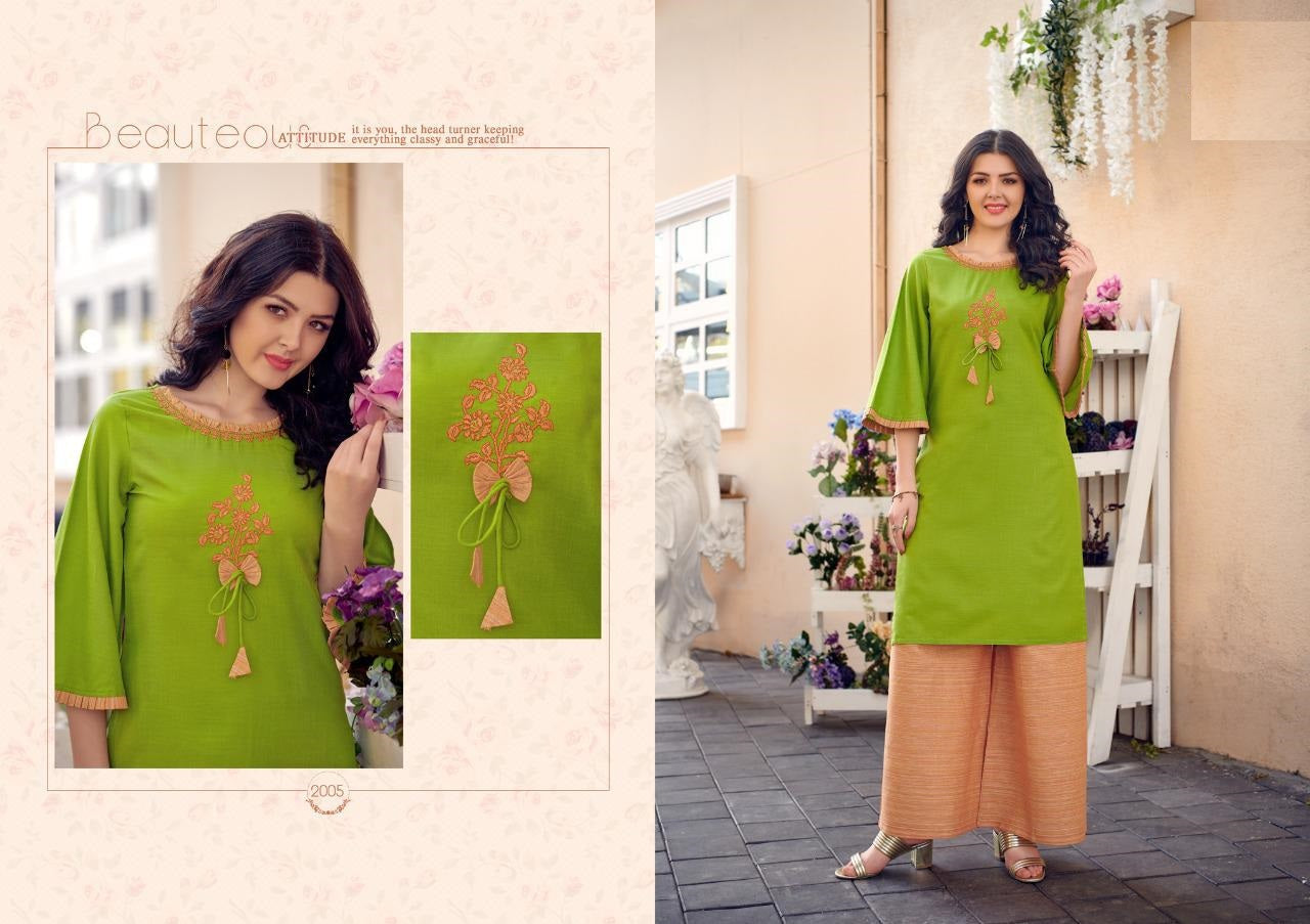 Green Cotton Slub Embroidery Work Kurti with Orange South Cotton Palazzo