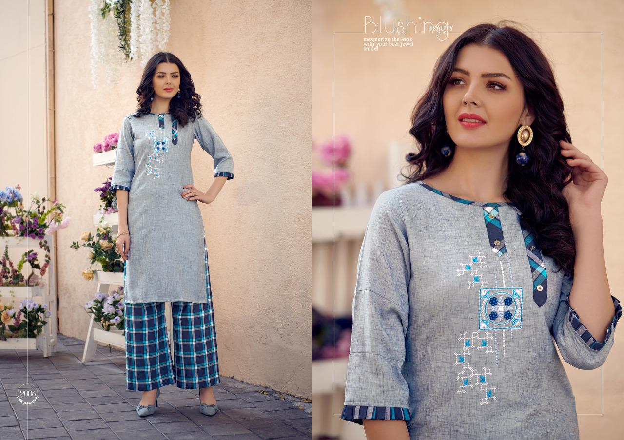 Sky Blue Two Tone Cotton Slub Embroidery Work Kurti with Multicolor Box Print South Cotton Palazzo