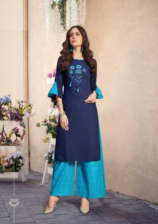 Blue Cotton Slub Embroidery Work Kurti with Light South Cotton Palazzo