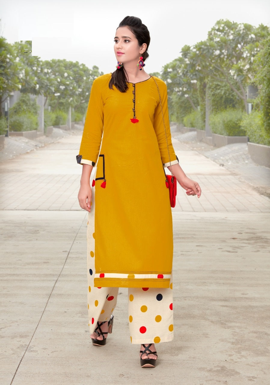 Yellow Rayon Flex Kurti with Cream Cotton Flex Printed Palazzo