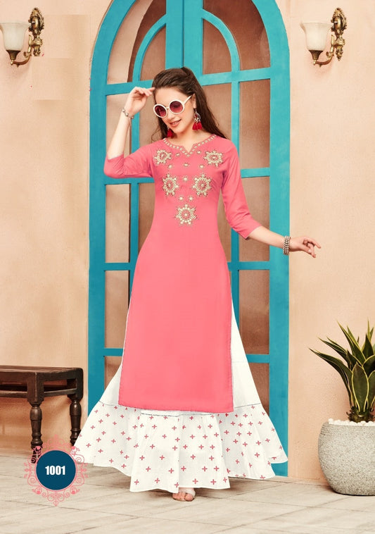 Pink Embroidery Work Rayon Kurti With White Silver lace Long Flare Printed Skirt