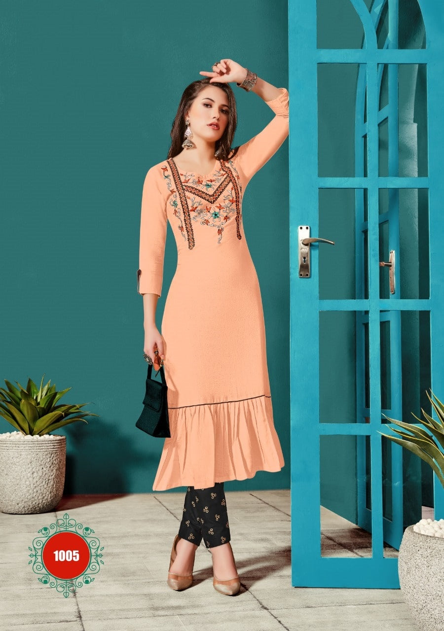 Peach Cotton Flex Embroidery Work Kurti with Black Cotton Flex Printed Pant