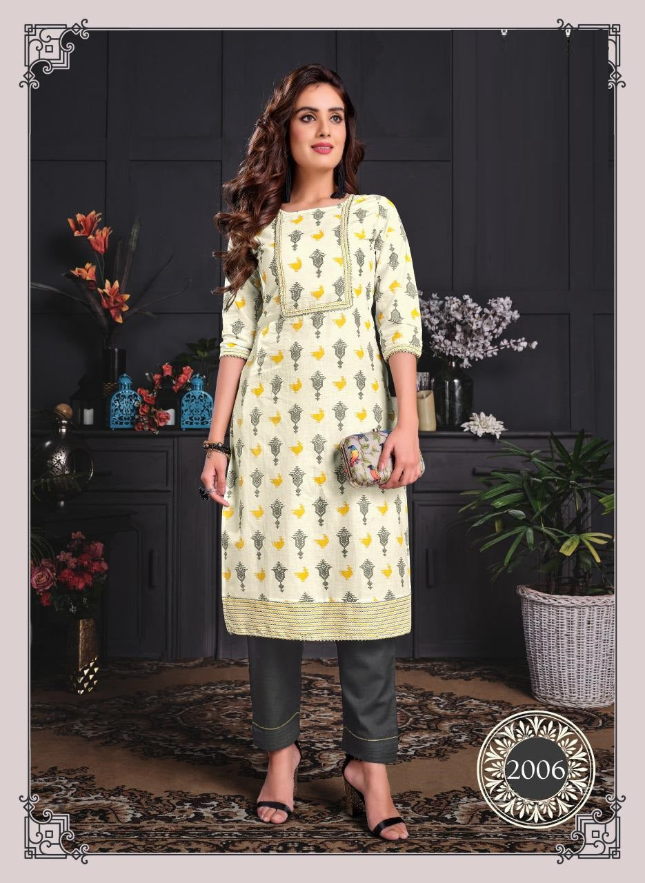 Cream Printed Rayon Kurti with Grey Cotton Classy Pant