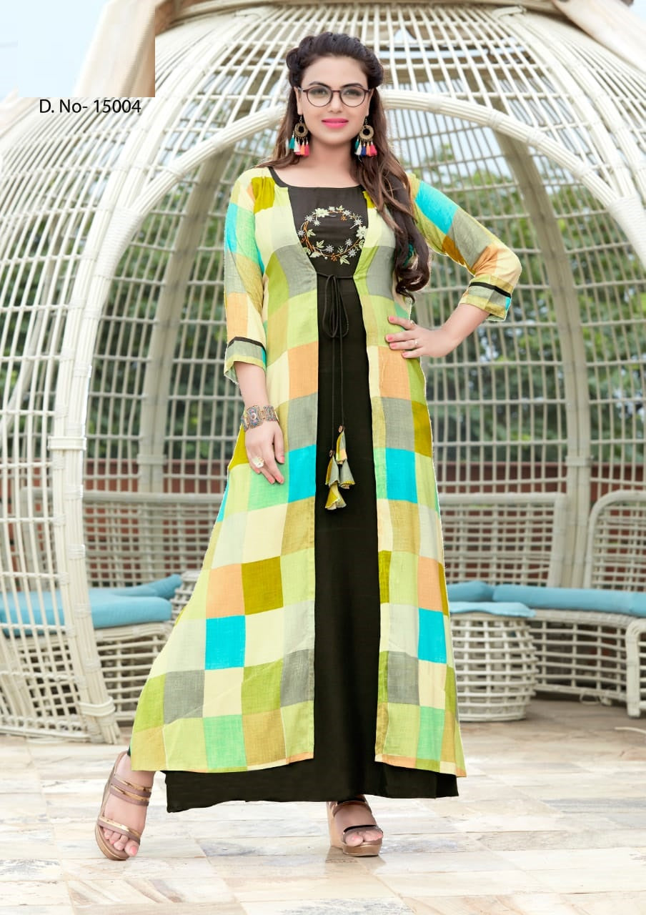 Black Embroidery Work Rayon Long Gown Kurti with Long Multicolor Shrug