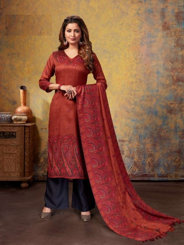 Brown and Multicolor Woollen Digital Print Kurti with Matching Pashmina Digital Print Dupatta and Black Pashmina Palazzo with Blue Digital Print