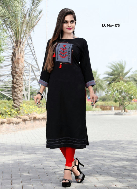 Black and Grey Rayon Patch Work Straight Fit Kurti