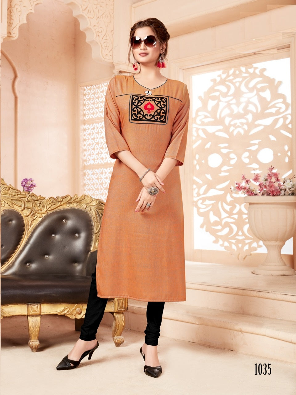 Brown Cotton Slub Applique Patchwork Kurti