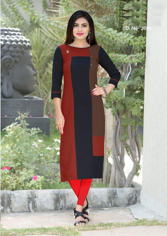 Red and Black Cotton Flex Patch Work Straight Fit Kurti