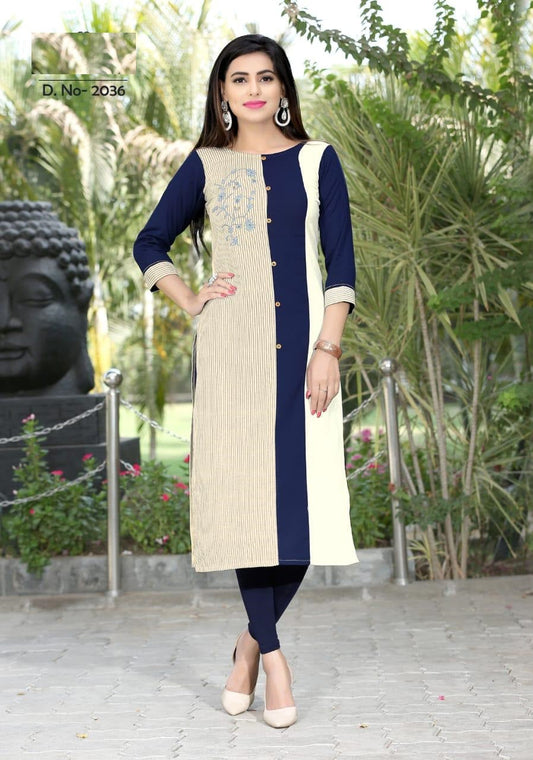 Blue and Off white Cotton Flex Printed Straight Fit Kurti