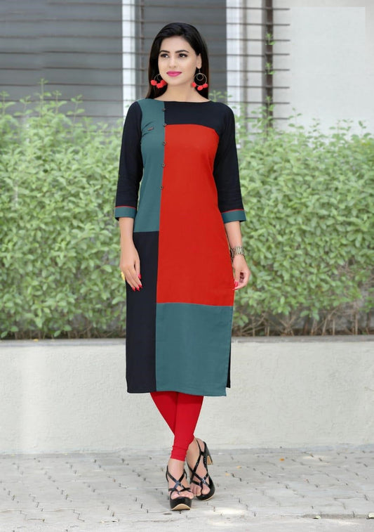 Red, Black and Grey Cotton Flex Printed Straight Fit Kurti