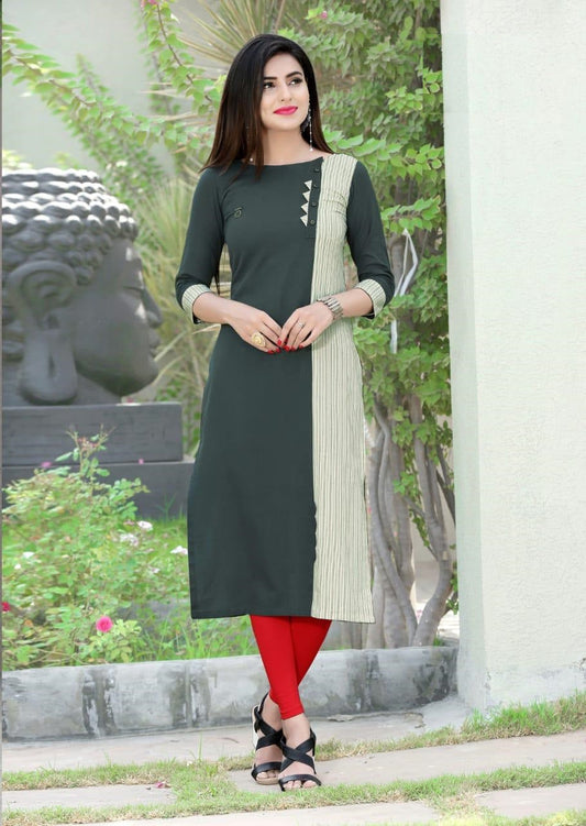 Bottle Green and Off white Cotton Flex Printed Straight Fit Kurti