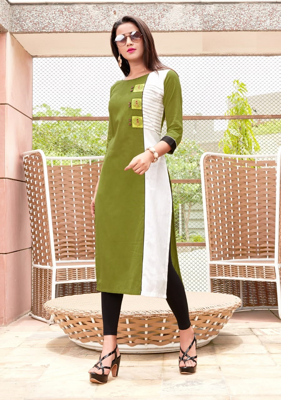 Mehandi and Off white Cotton Flex Printed Straight Fit Kurti