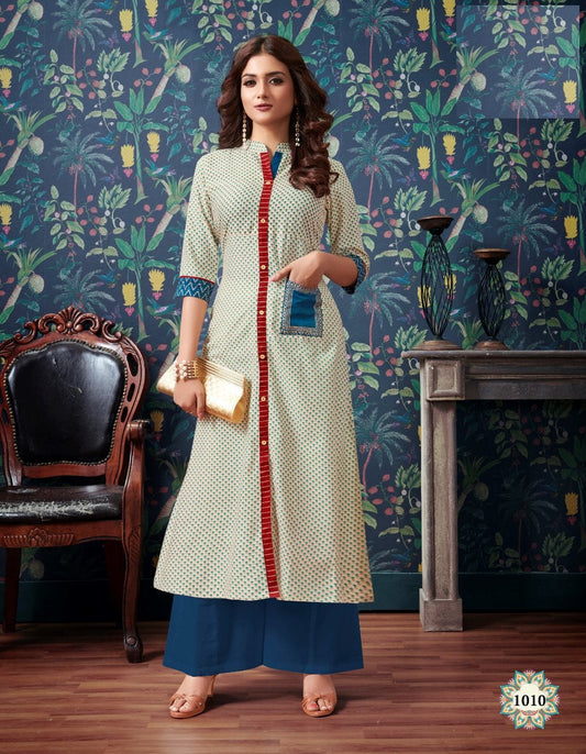 Cream and Multicolor Printed Heavy Rayon Straight Fit Kurti