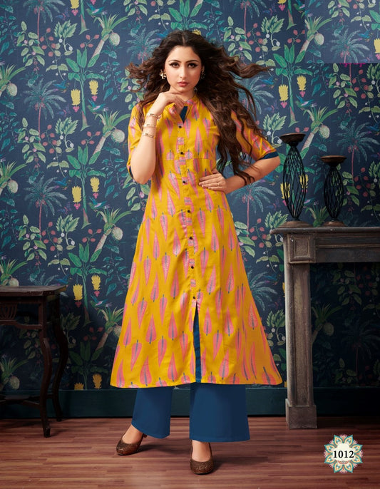 Orange and Multicolor Printed Heavy Rayon Straight Fit Kurti