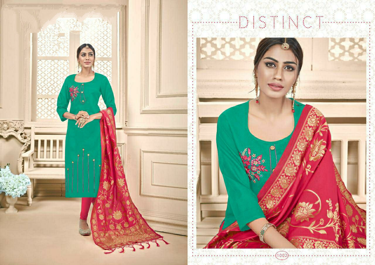 Green Straight Fit Cotton Slub Embroidery Work Kurti with Pink Banarasi Jacquard Dupatta
