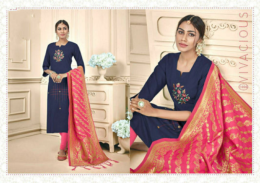 Navy Blue Straight Fit Cotton Slub Embroidery Work Kurti with Pink Banarasi Jacquard Dupatta