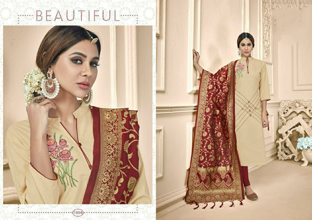 Beige Straight Fit Cotton Slub Embroidery Work Kurti with Maroon Banarasi Jacquard Dupatta
