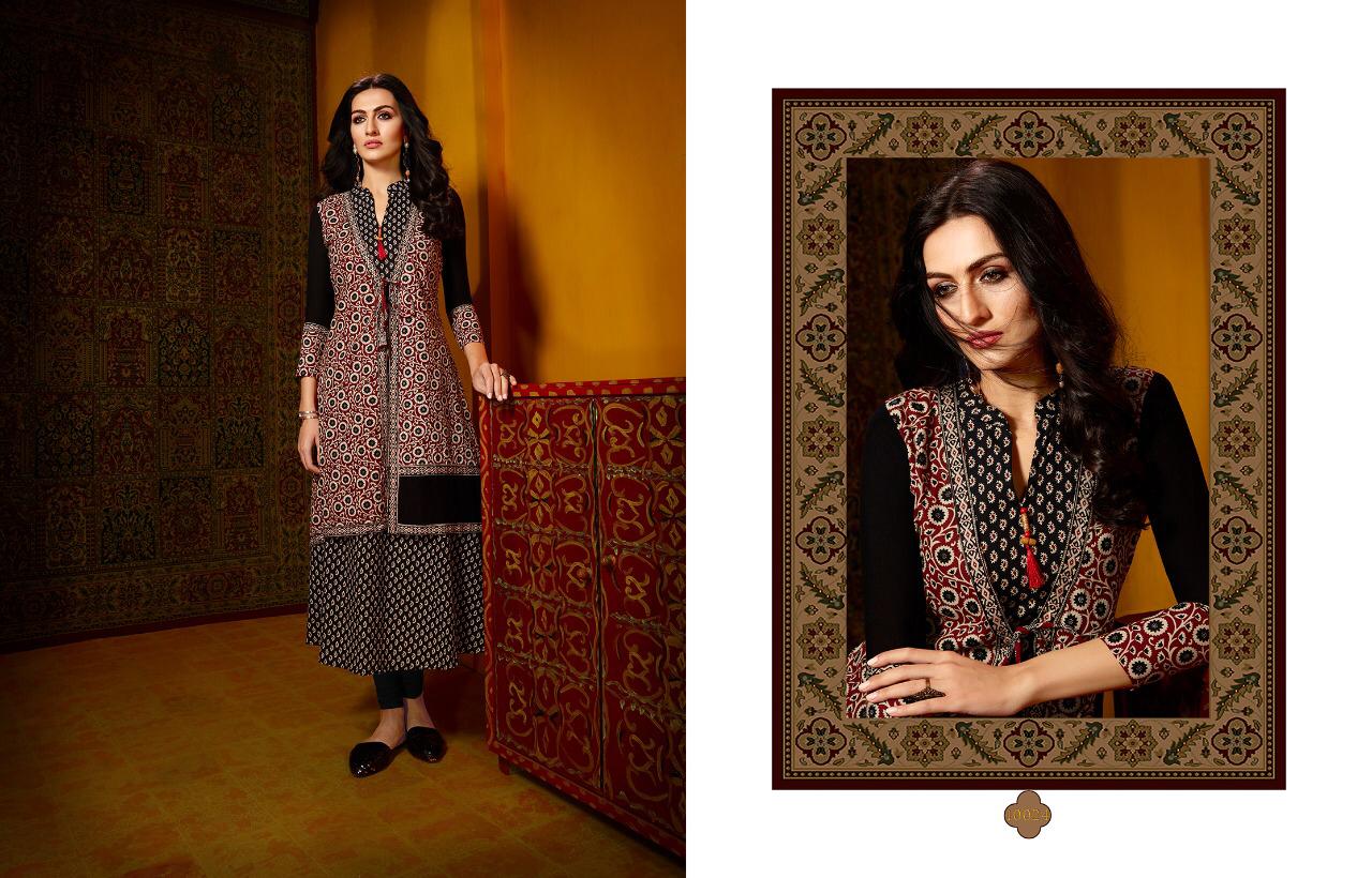 Red, Black, Beige Cotton Printed Long A-line Kurti