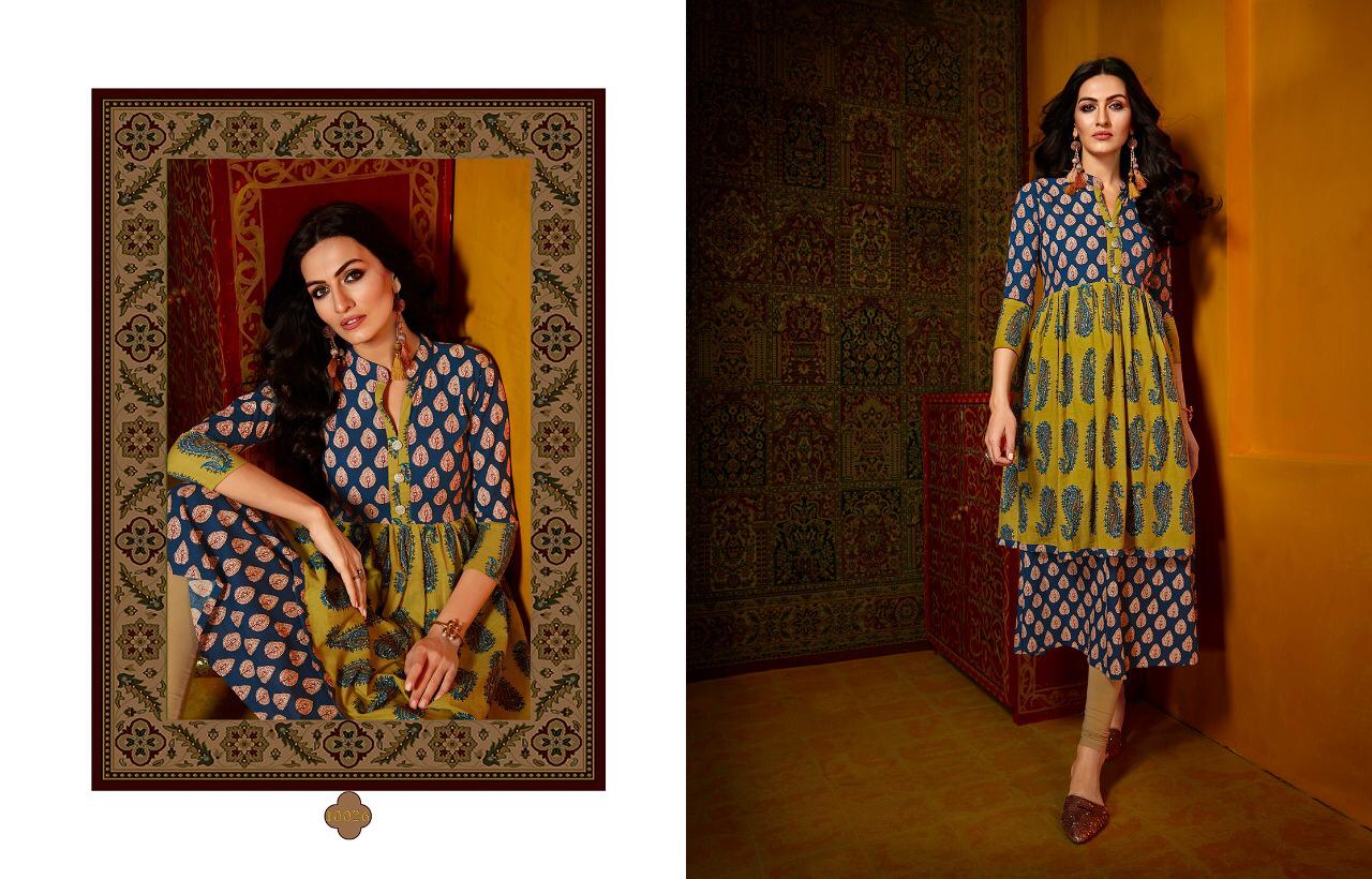 Blue Yellow Cotton Printed Long A-line Kurti