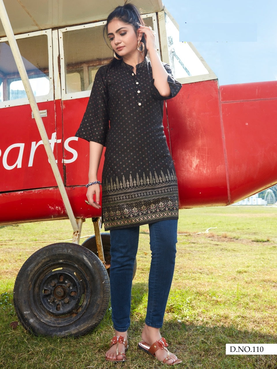 Black Rayon Short Kurti with Gold Print