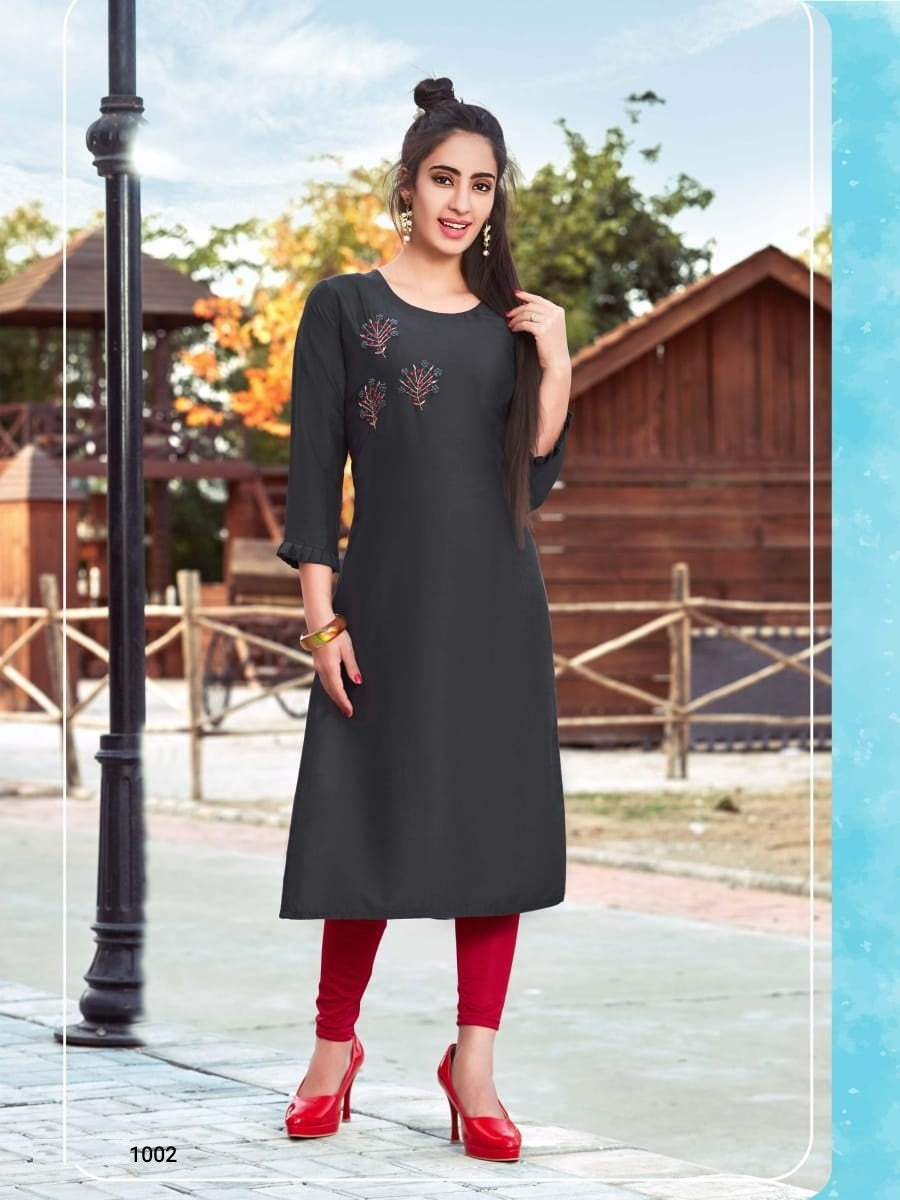 Grey Heavy Muslin Silk Straight Fit Handwork Kurti