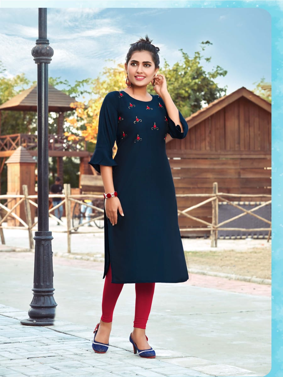 Navy Blue Kurti Heavy Muslin Silk Beautiful HandWork Straight Fit Kurti
