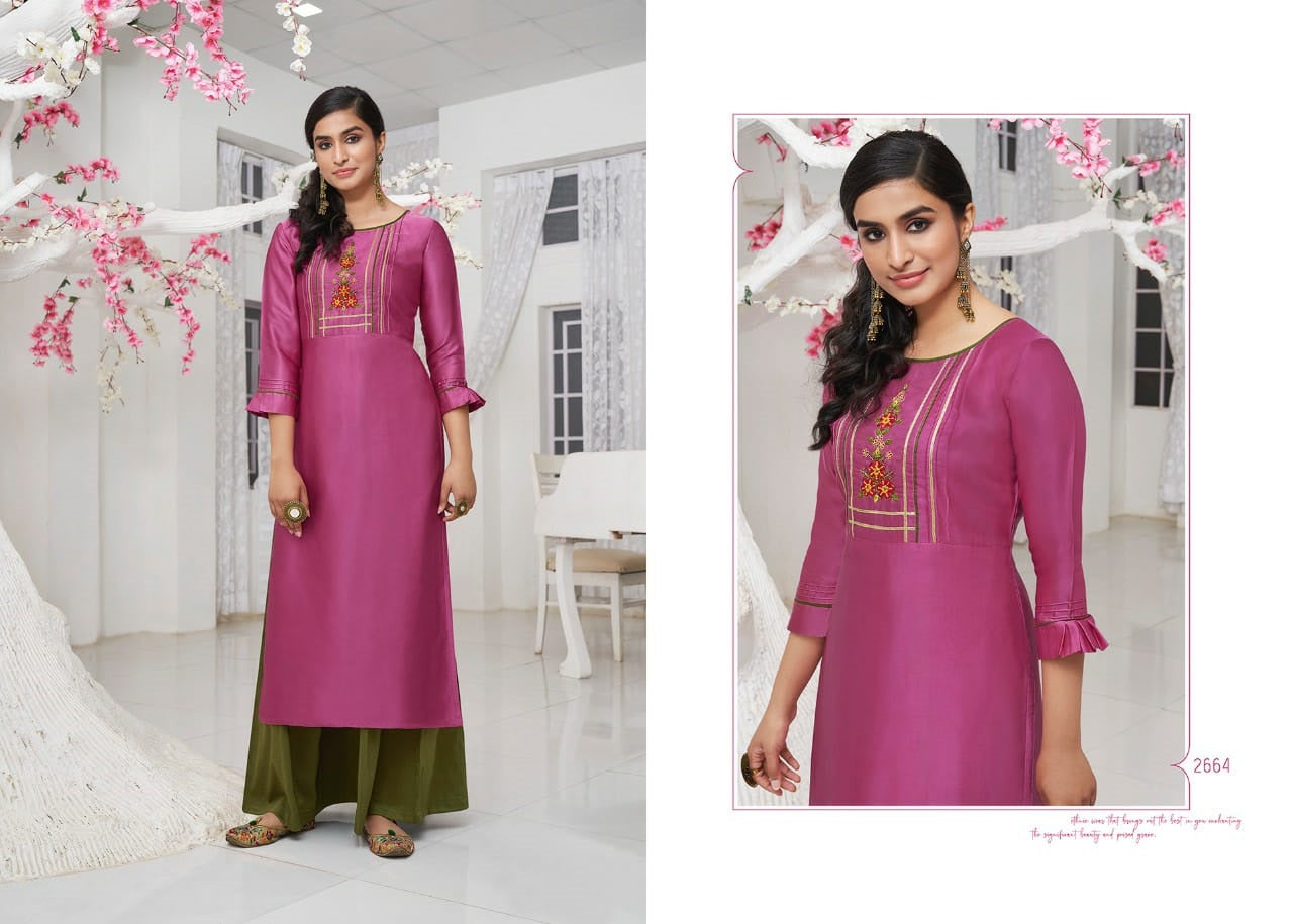 Pink Fancy Handwork Silk Satin Kurti with Mehandi Green Palazzo