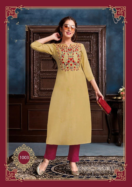 Beige Embroidery Work Muslin Kurti with Maroon Cotton Flex Pant